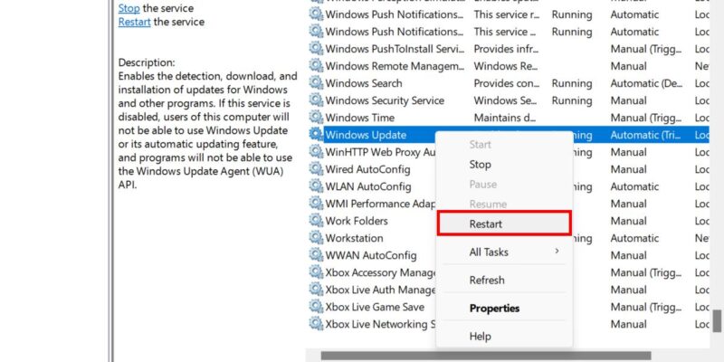 Restarting Windows Update from Services app.