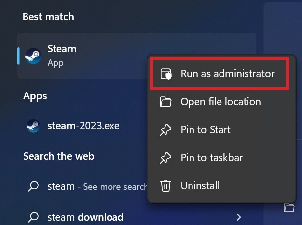 Running Steam as administrator in Windows.