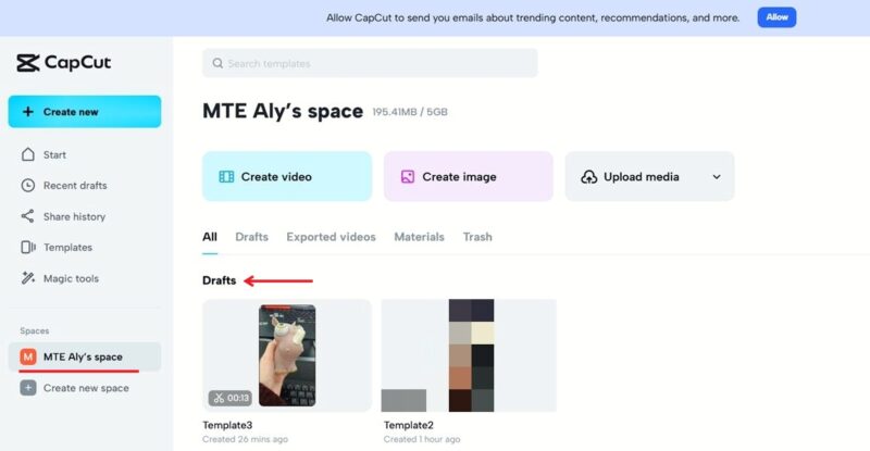 Retrieving previously created Instagram template in CapCut.