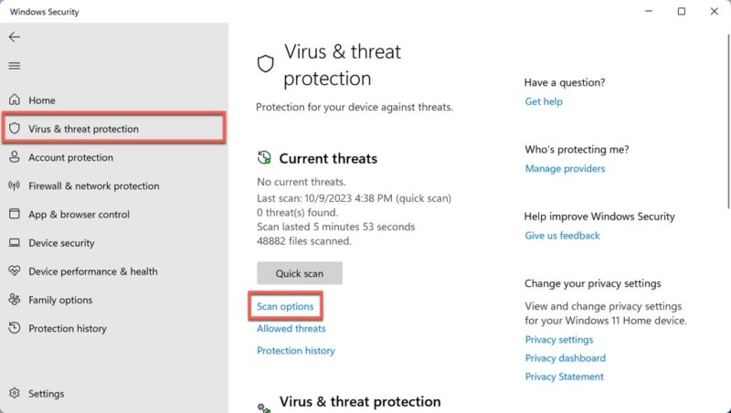Clicking "Scan options" under Virus & Threat protection in Windows Security app. 