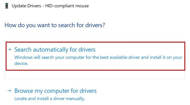 Selecting "Search automatically for drivers" option to update drivers via Device Manager.