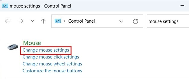 Selecting "Change mouse settings" option in Control Panel.