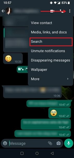 Finding the Search button in WhatsApp for Android.