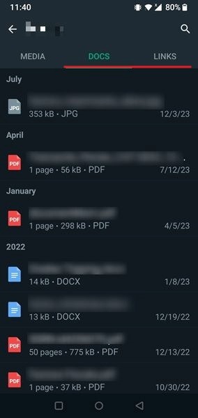 Browsing docs  shared via conversation in WhatsApp for Android.