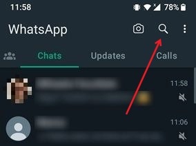 Tapping magnifying glass icon in WhatsApp for Android.