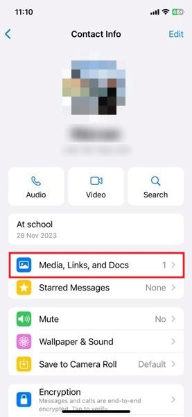 Tapping on "Media, Links and Docs" option in WhatsApp for iOS. 