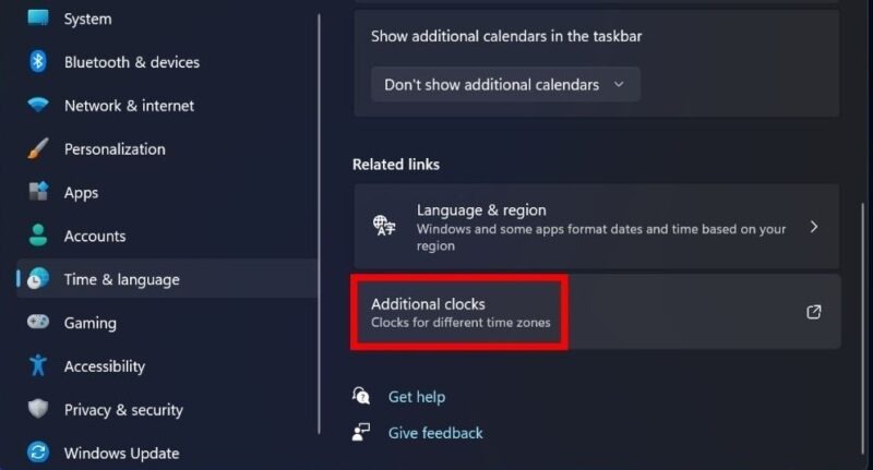 Select the Additional clocks option in Time and language.