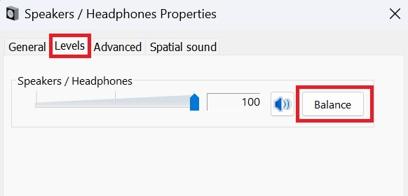Clicking on "Balance" under "Levels" in Speakers/Headphones window.