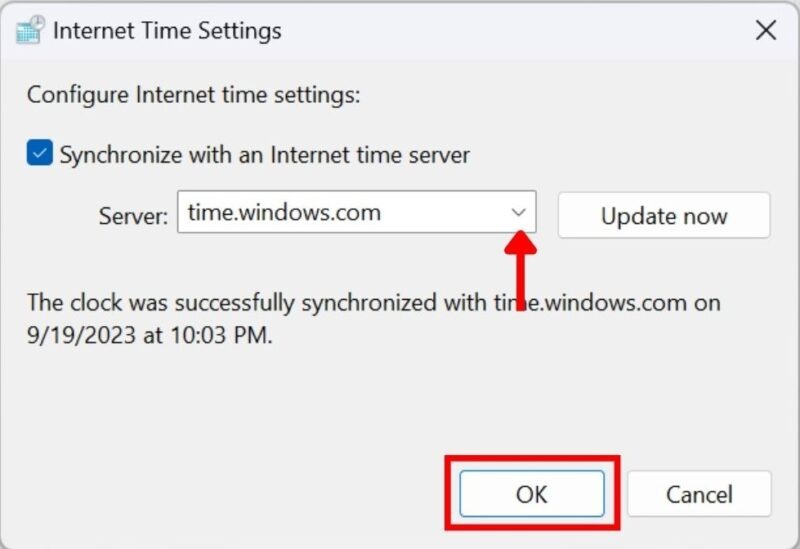 Selecting the Windows Time server in Internet Time Settings window. 