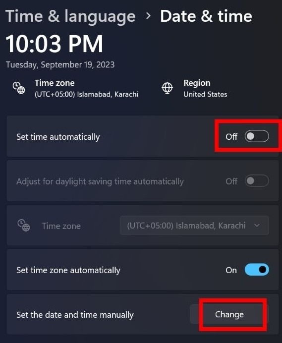 Enabling "Set time automatically" toggle under "Date & Time" in Windows Settings. 