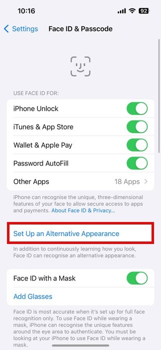 Set Up Alternative Appearance Button Highlighted Iphone