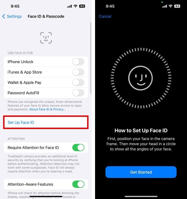 Set Up Face Id Option And Get Started With Face Id Setup Button