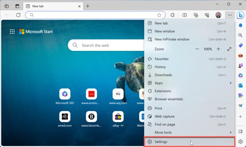 Settings option selected in Edge browser.