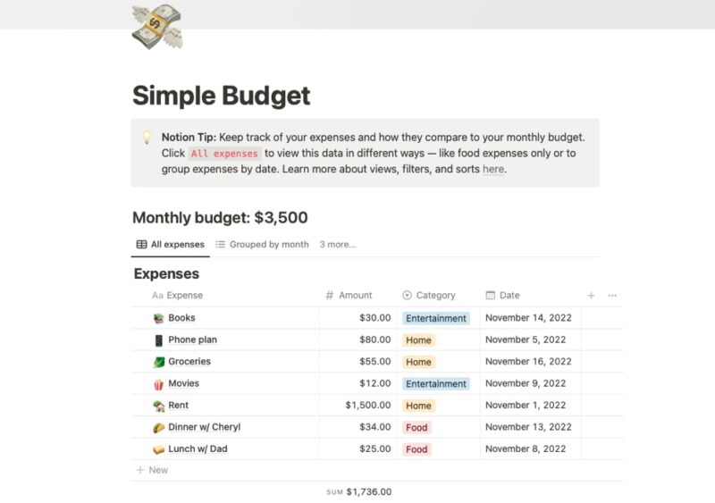 Tracking expenses with Simple Budget template.