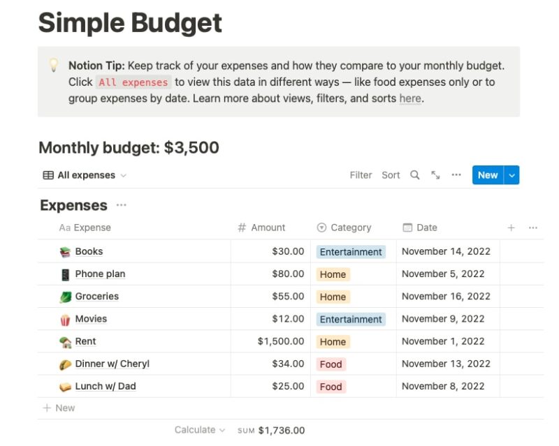 Simple Budget main page