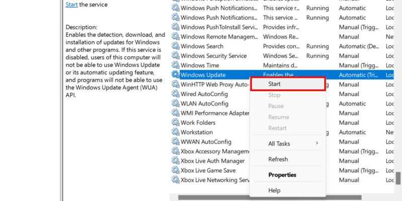 Starting the Windows Update service.