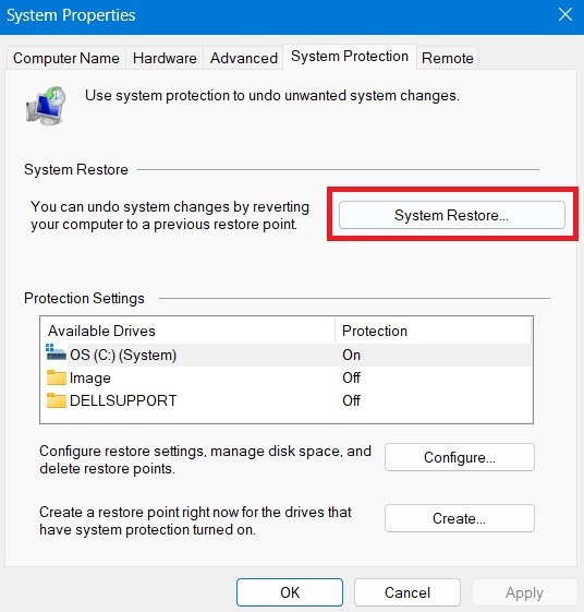 Clicking on "System Restore" button in System Properties. 