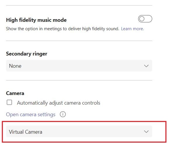 Checking if correct camera is selected in Microsoft Teams desktop app.