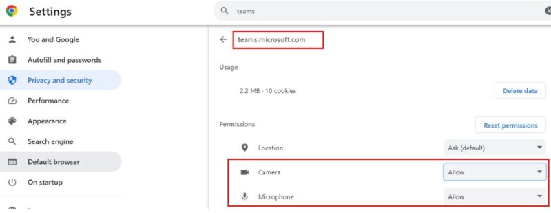 Search "teams.microsoft.com" and Click Allow under camera