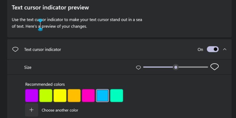 Turning on the text cursor indicator in Windows.