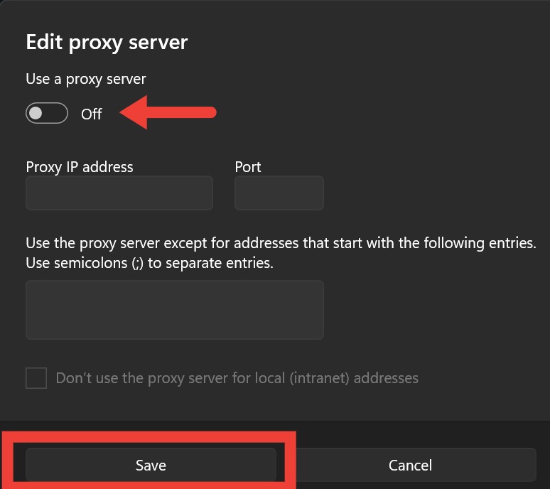 Toggling off "Use a proxy server" button in Network settings.