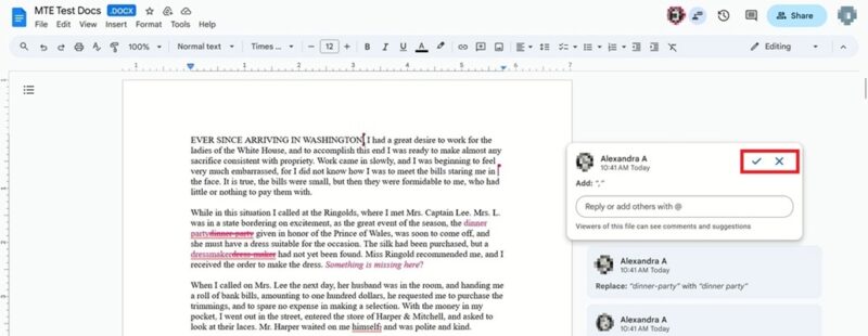 Accepting or rejecting changes in Google Docs for PC.