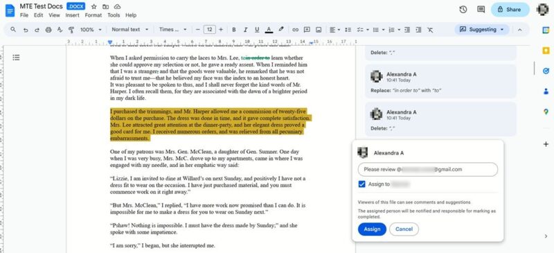 Tagging someone in a comment in Google Docs on PC.