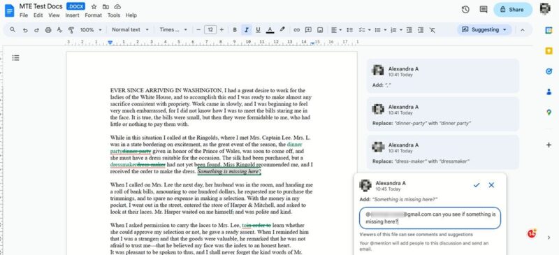 Adding suggestions to Google Docs document. 