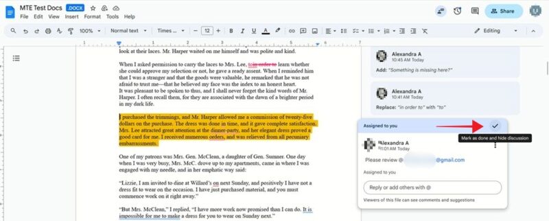 Clicking on "Mark as done" button to resolve comment in Google Docs.