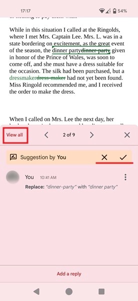 Rejecting or accepting revisions in Google Docs app for Android.
