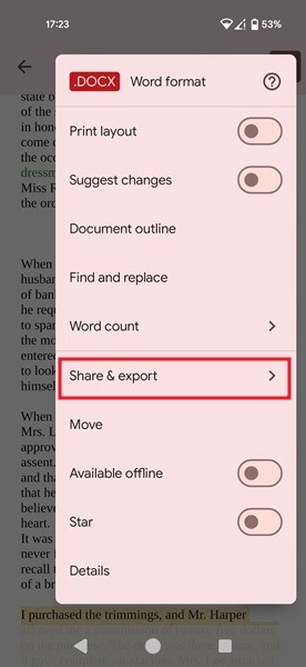 Tapping on "Share & export" option in Google Docs app for Android.