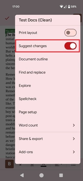 Enabling "Suggest changes" toggle in Google Docs for Android.