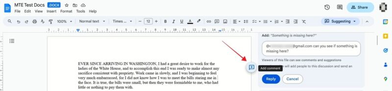 Clicking on "+" button to add a new comment in Google Docs on PC.