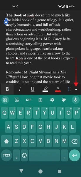 Tap on arrow button in Word app for Android.