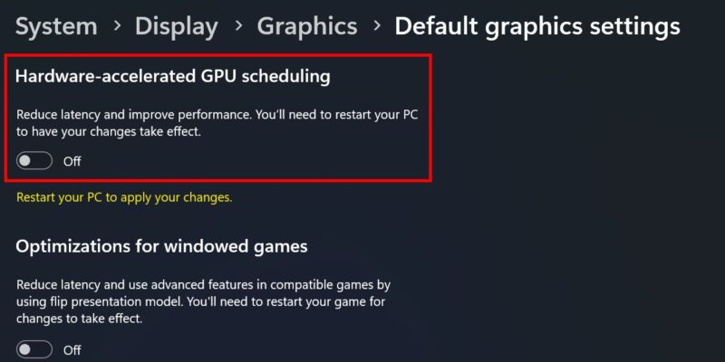 Turning off hardware-accelerated GPU scheduling via Windows Settings.