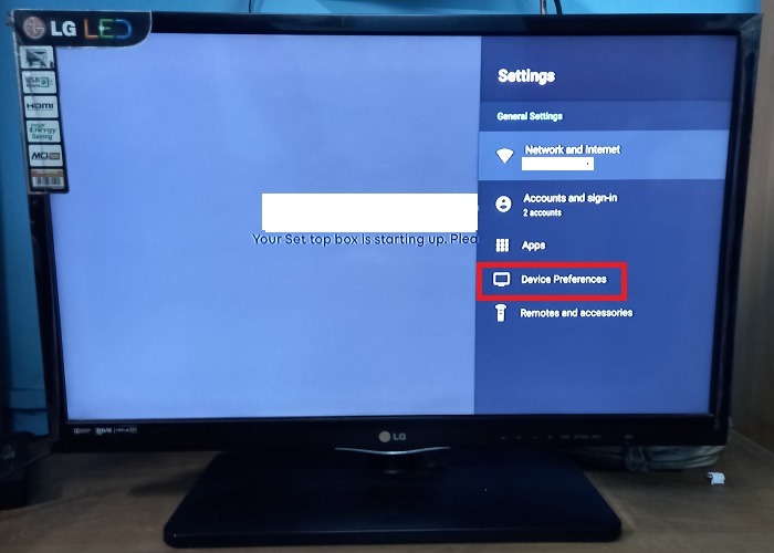 Selecting a smart TV's "Device preferences" from the "Settings" menu. 