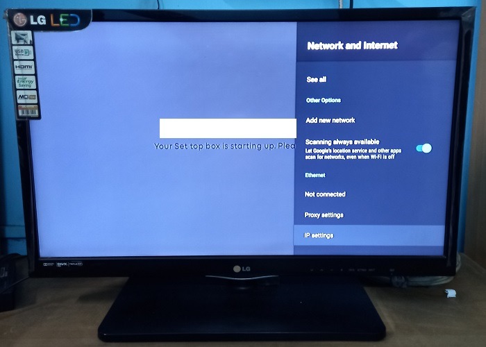 Choose "IP Settings" in the "Network and Internet" menu options of a smart TV. 