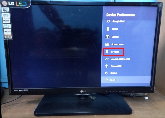 Choosing the "Location" menu of an Android TV under its "Device Preferences." 