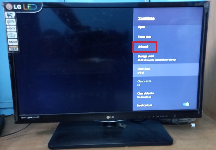Clicking the Uninstall button for an app called "ZenMate" in an Android TV. 