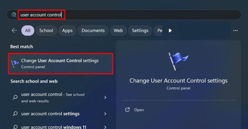 Opening the User Account Control settings using Windows Search.