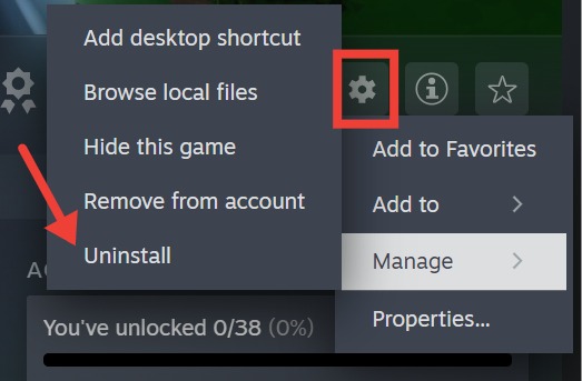 Uninstalling a game from the Steam library.