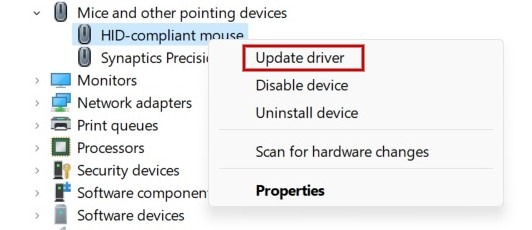 Updating mouse driver in Device Manager.