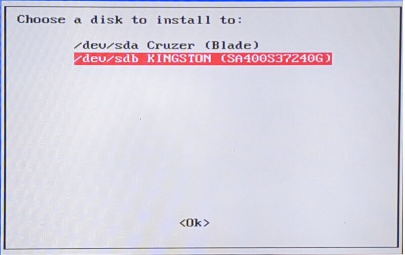 A screenshot showing the different available disks for the Chimera install.