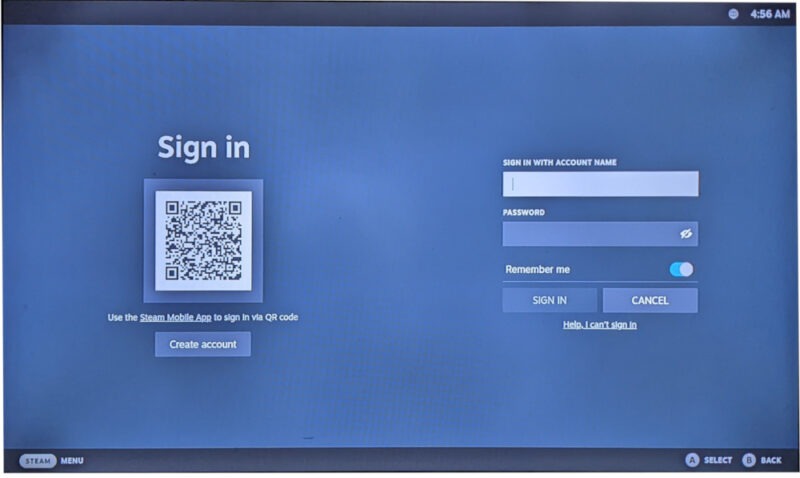 A screenshot showing the Steam login screen for the machine.