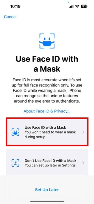 Use Face Id With A Mask Button Highlighted