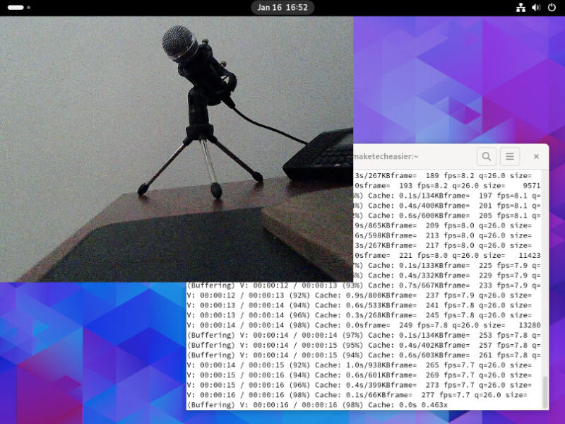 A screenshot showing an active webcam video feed going through an SSH pipe in Linux.