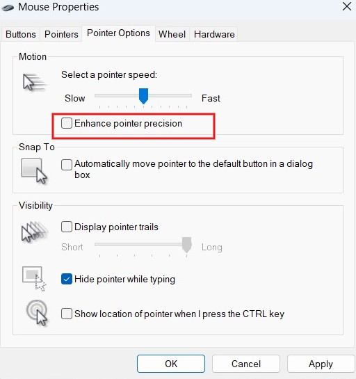 Unchecking "Enhance pointer precision" option under Pointer Options tab in Mouse Properties window.