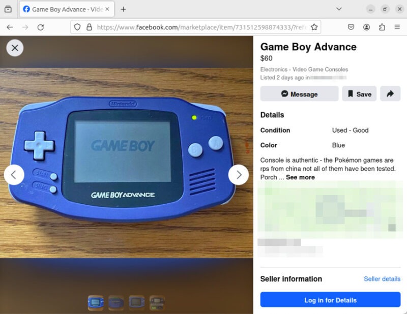 A market listing for a used Game Boy Advance.