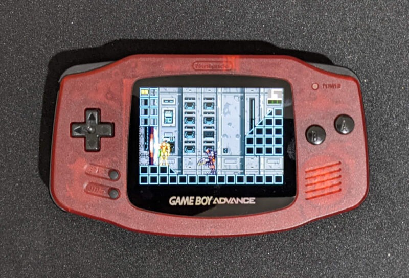 A Game Boy Advance running Metroid.