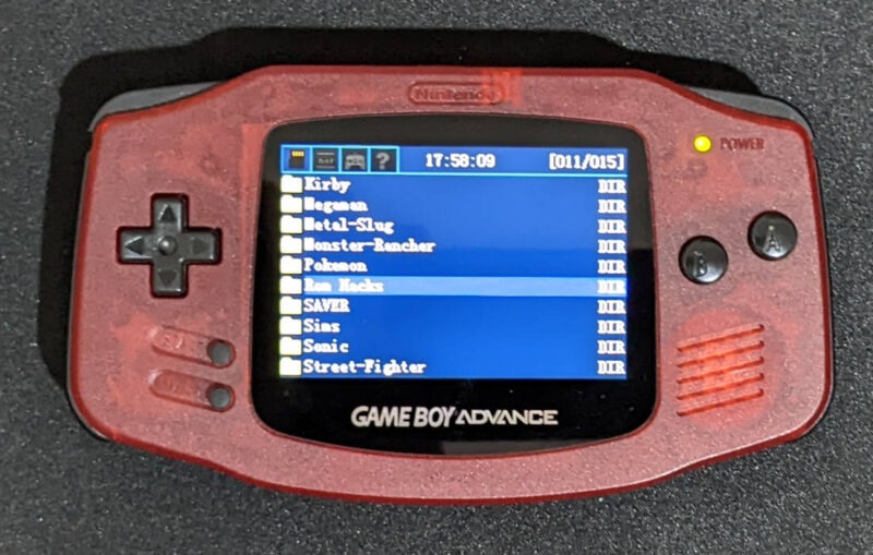 A Game Boy Advance showing a flashcart's menu.
